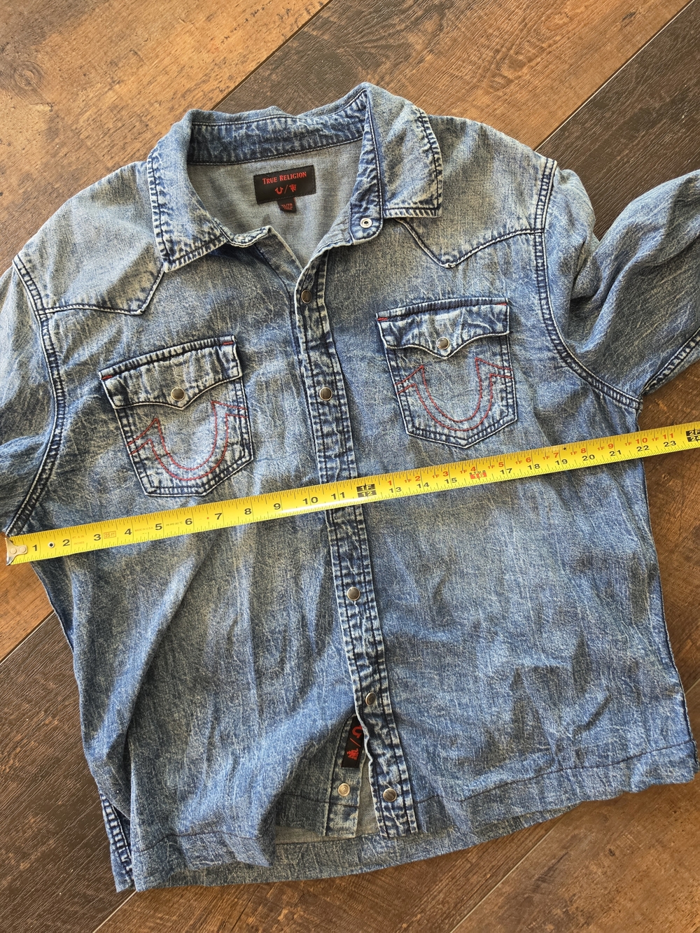True Religion Denim Button Up Shirt Mens Western Snap Front Red Stitch Size XL - Picture 4 of 6